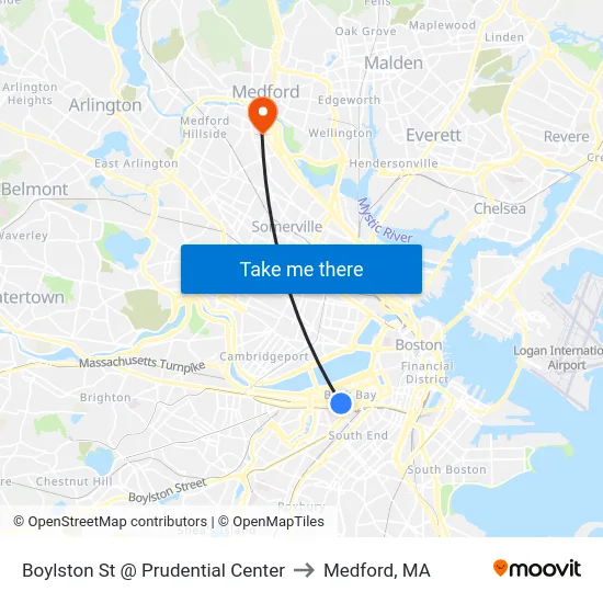 Boylston St @ Prudential Center to Medford, MA map