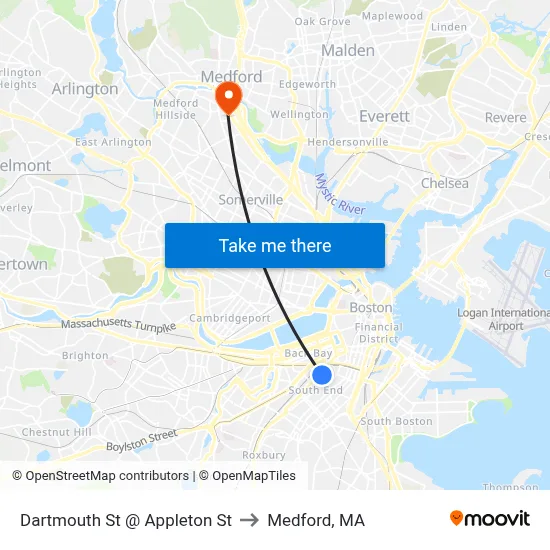 Dartmouth St @ Appleton St to Medford, MA map