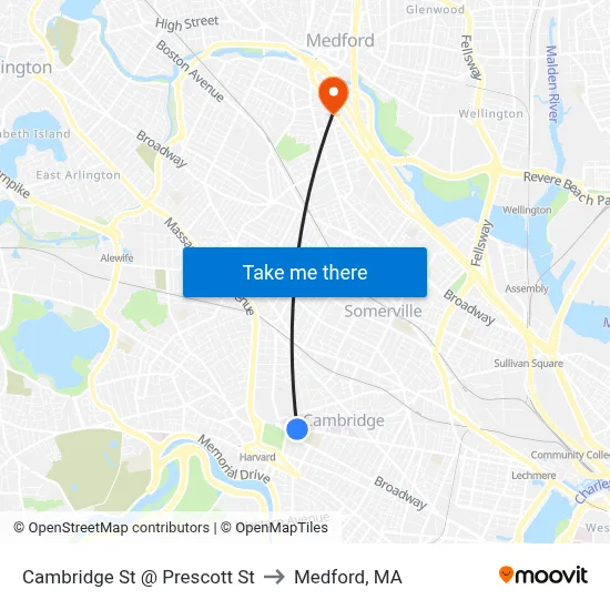 Cambridge St @ Prescott St to Medford, MA map