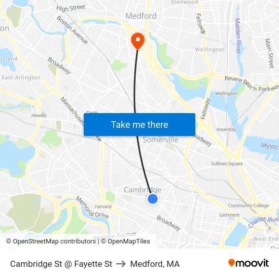 Cambridge St @ Fayette St to Medford, MA map