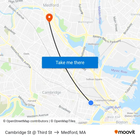 Cambridge St @ Third St to Medford, MA map