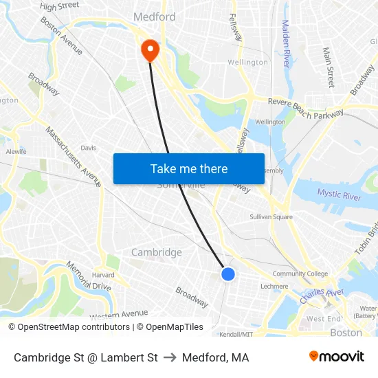 Cambridge St @ Lambert St to Medford, MA map