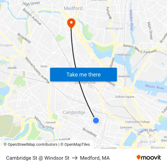 Cambridge St @ Windsor St to Medford, MA map