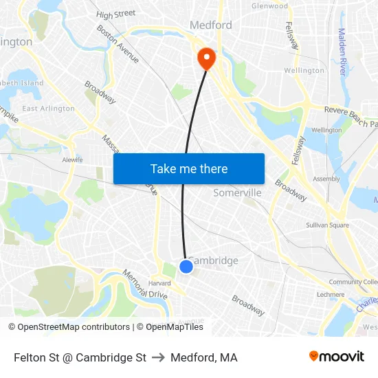 Felton St @ Cambridge St to Medford, MA map