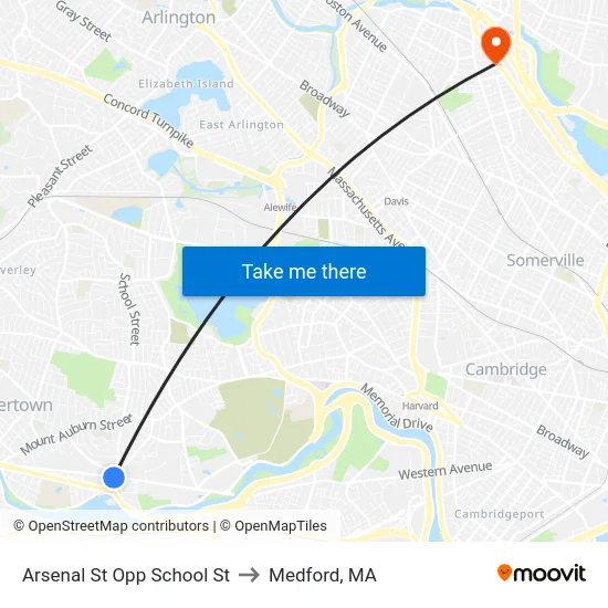 Arsenal St Opp School St to Medford, MA map