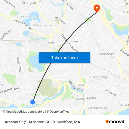Arsenal St @ Arlington St to Medford, MA map