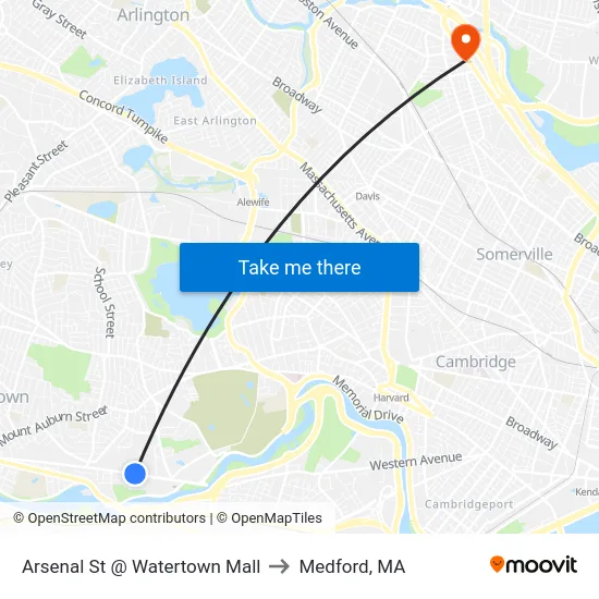 Arsenal St @ Watertown Mall to Medford, MA map