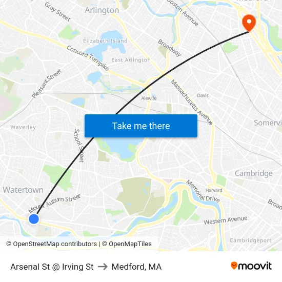 Arsenal St @ Irving St to Medford, MA map
