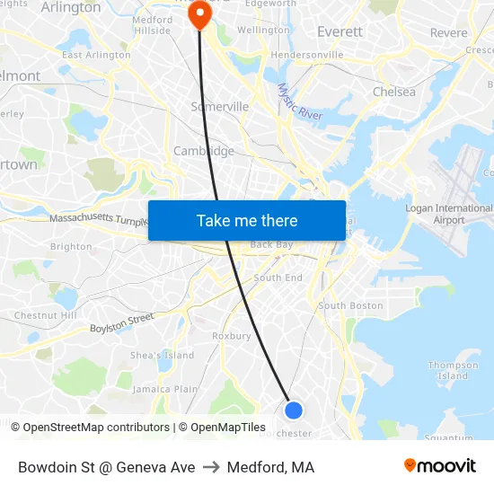 Bowdoin St @ Geneva Ave to Medford, MA map