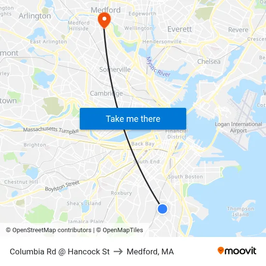 Columbia Rd @ Hancock St to Medford, MA map