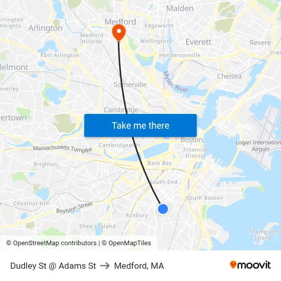 Dudley St @ Adams St to Medford, MA map