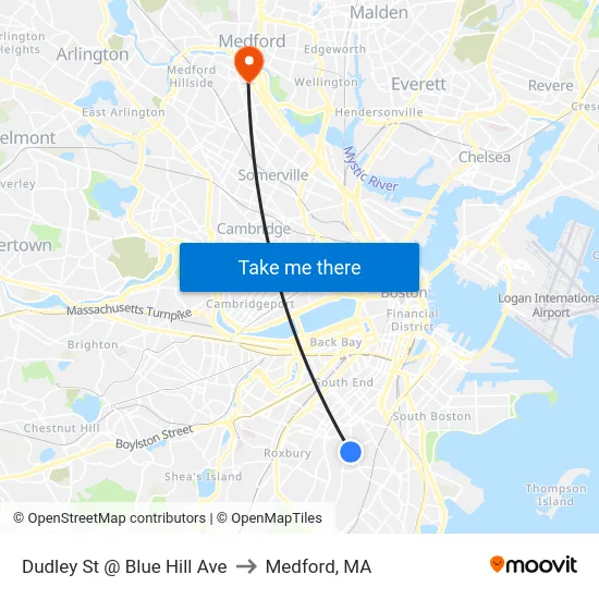 Dudley St @ Blue Hill Ave to Medford, MA map