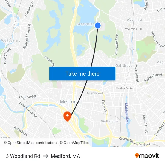 3 Woodland Rd to Medford, MA map