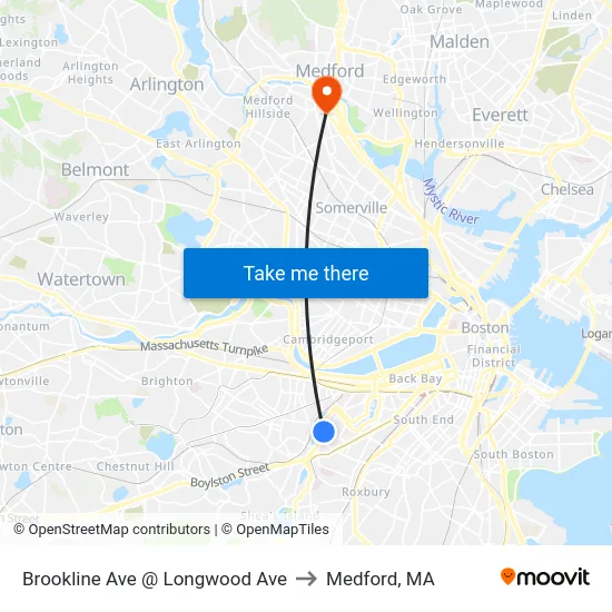 Brookline Ave @ Longwood Ave to Medford, MA map