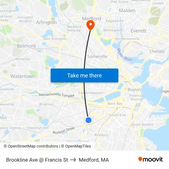 Brookline Ave @ Francis St to Medford, MA map
