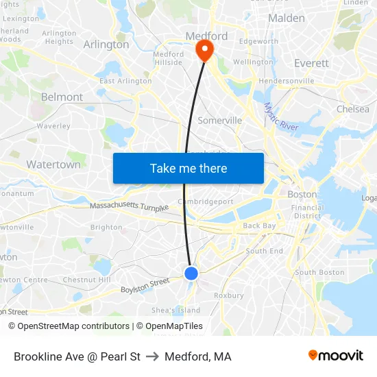 Brookline Ave @ Pearl St to Medford, MA map