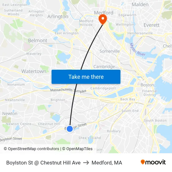 Boylston St @ Chestnut Hill Ave to Medford, MA map