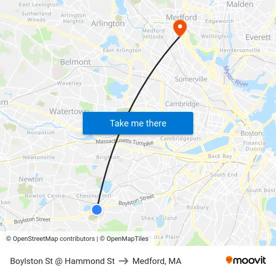 Boylston St @ Hammond St to Medford, MA map