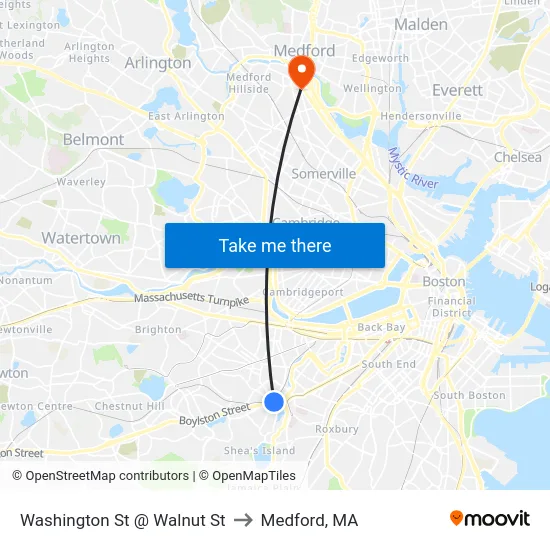 Washington St @ Walnut St to Medford, MA map