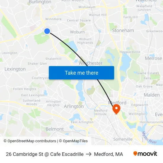 26 Cambridge St @ Cafe Escadrille to Medford, MA map