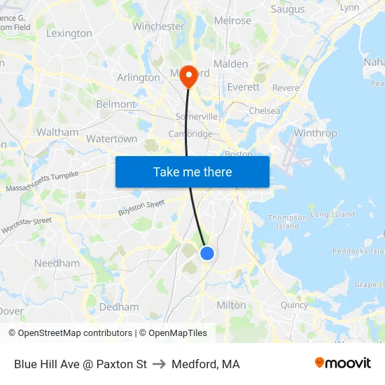 Blue Hill Ave @ Paxton St to Medford, MA map