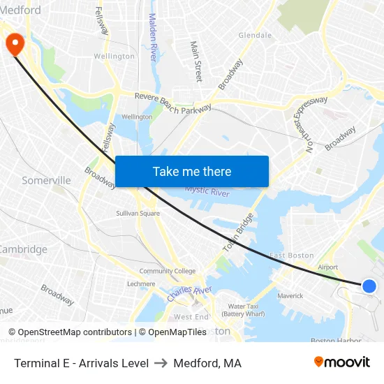 Terminal E - Arrivals Level to Medford, MA map