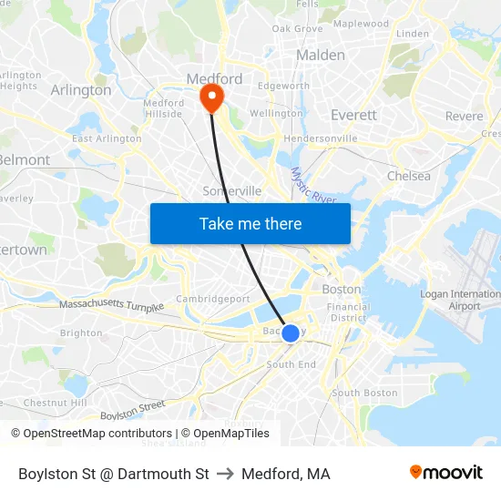 Boylston St @ Dartmouth St to Medford, MA map