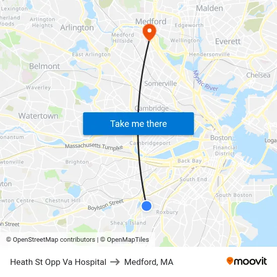 Heath St Opp Va Hospital to Medford, MA map