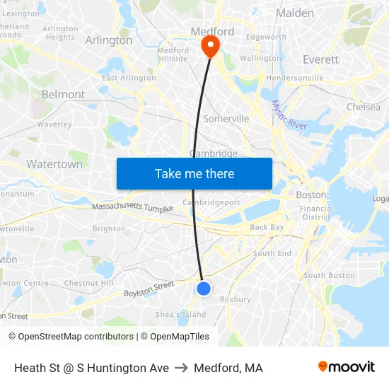 Heath St @ S Huntington Ave to Medford, MA map