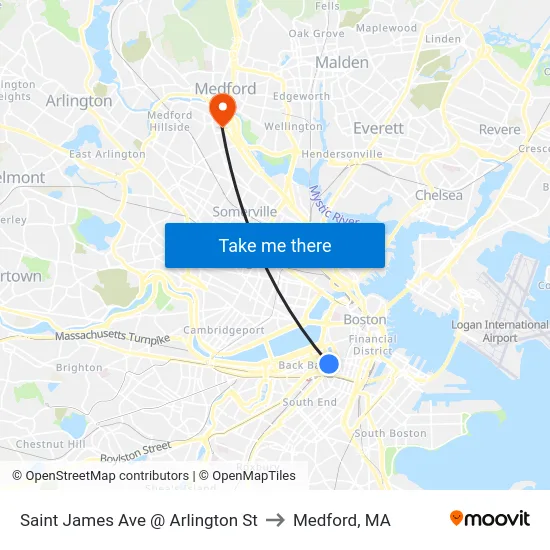 Saint James Ave @ Arlington St to Medford, MA map