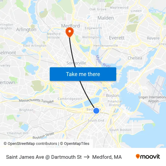 Saint James Ave @ Dartmouth St to Medford, MA map