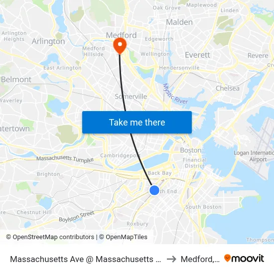 Massachusetts Ave @ Massachusetts Ave Station to Medford, MA map