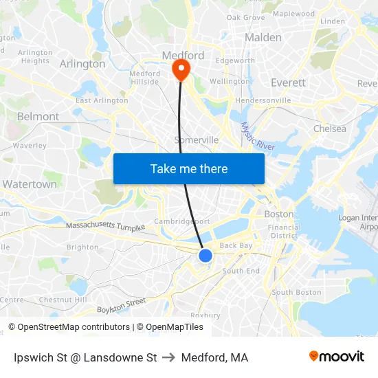Ipswich St @ Lansdowne St to Medford, MA map