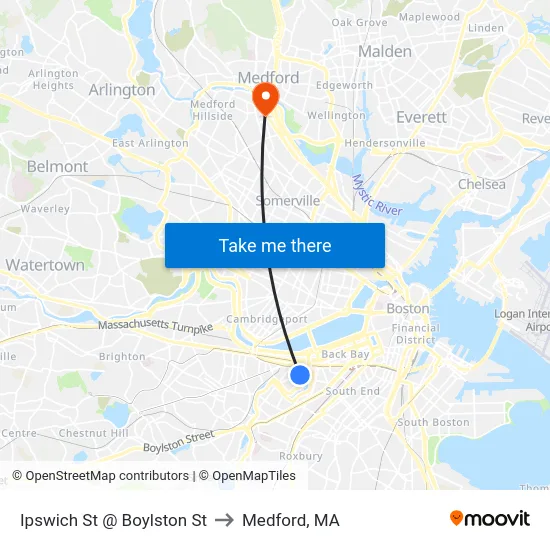 Ipswich St @ Boylston St to Medford, MA map