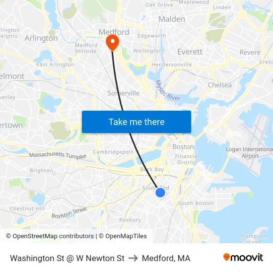 Washington St @ W Newton St to Medford, MA map