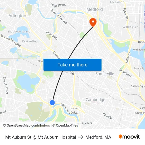 Mt Auburn St @ Mt Auburn Hospital to Medford, MA map