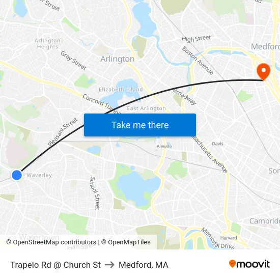 Trapelo Rd @ Church St to Medford, MA map
