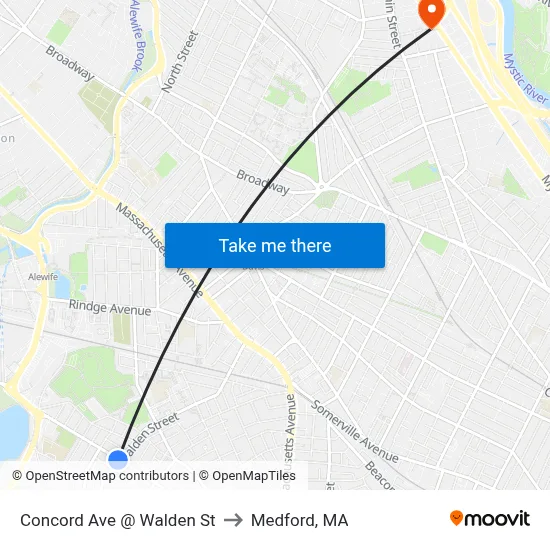 Concord Ave @ Walden St to Medford, MA map