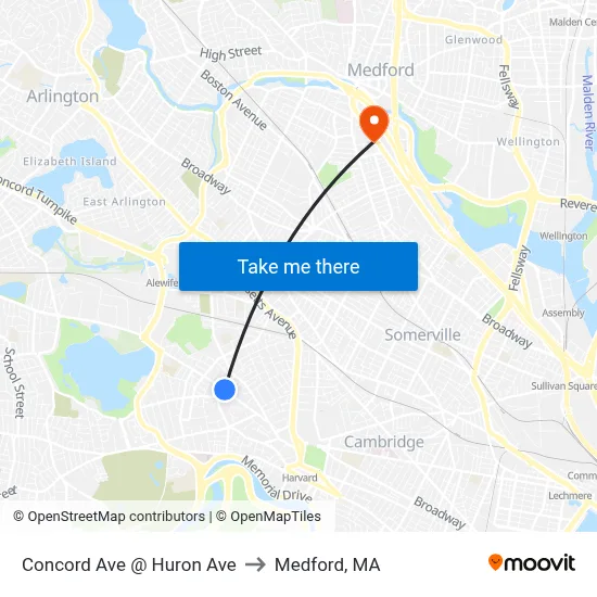 Concord Ave @ Huron Ave to Medford, MA map