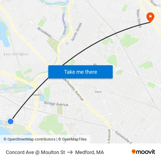 Concord Ave @ Moulton St to Medford, MA map