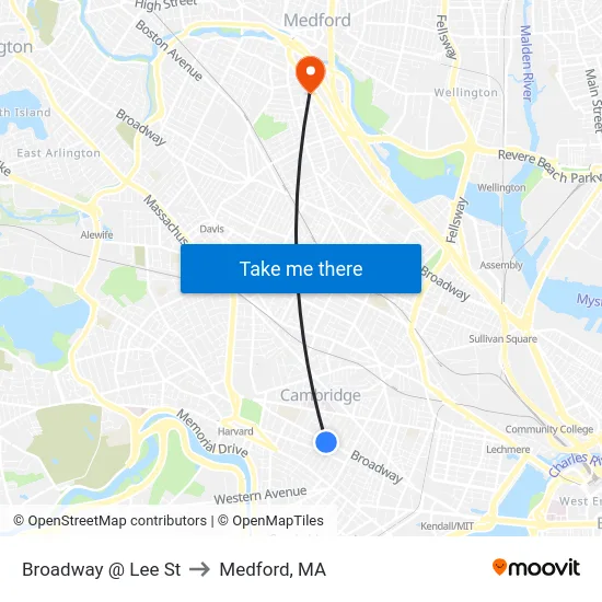 Broadway @ Lee St to Medford, MA map