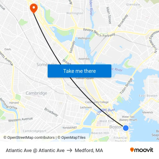 Atlantic Ave @ Atlantic Ave to Medford, MA map