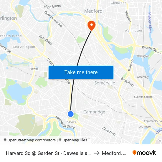 Harvard Sq @ Garden St - Dawes Island to Medford, MA map