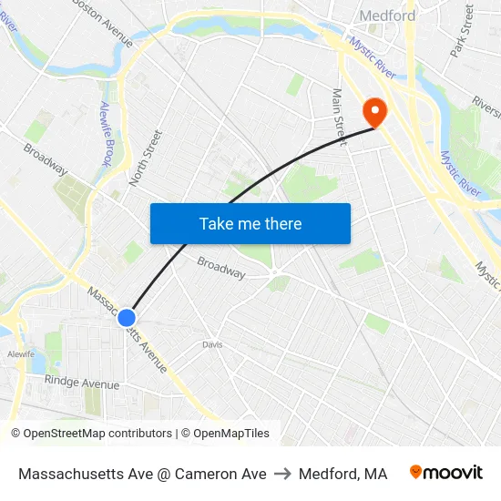 Massachusetts Ave @ Cameron Ave to Medford, MA map