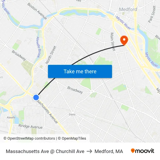 Massachusetts Ave @ Churchill Ave to Medford, MA map
