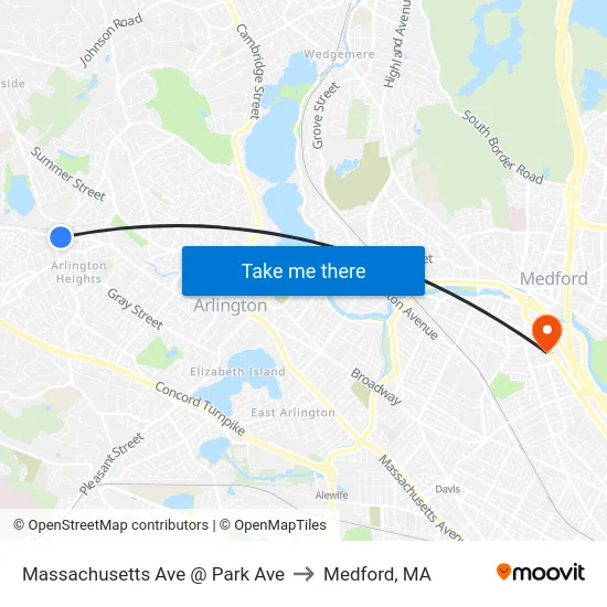 Massachusetts Ave @ Park Ave to Medford, MA map
