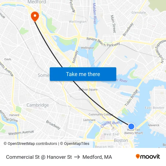 Commercial St @ Hanover St to Medford, MA map