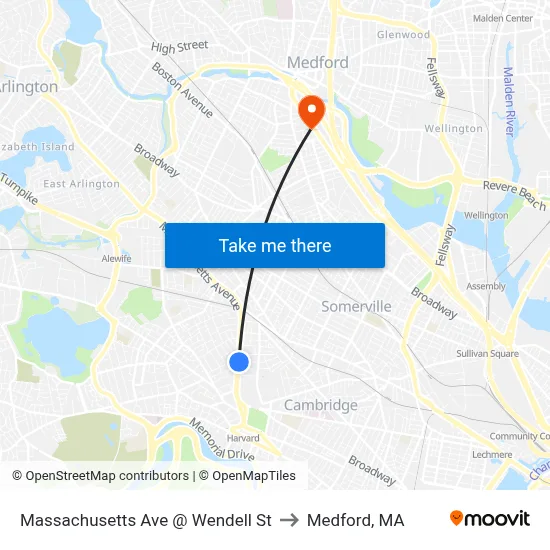 Massachusetts Ave @ Wendell St to Medford, MA map
