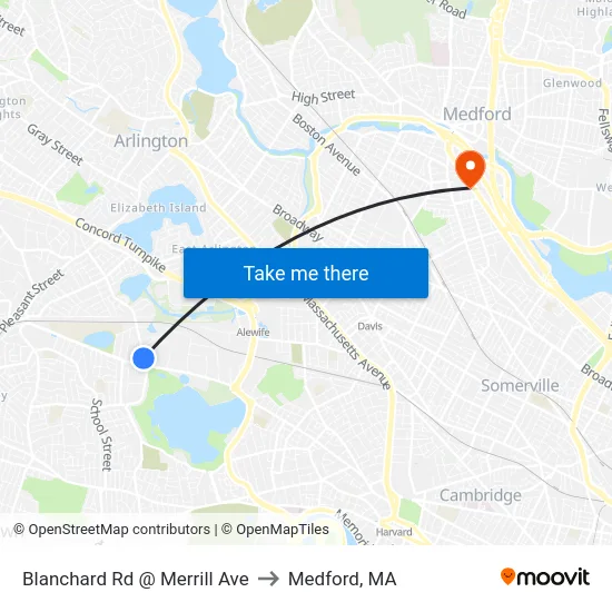 Blanchard Rd @ Merrill Ave to Medford, MA map