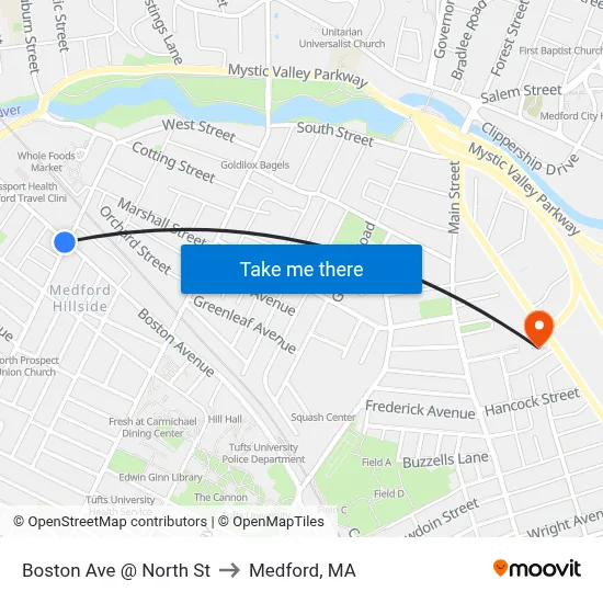 Boston Ave @ North St to Medford, MA map